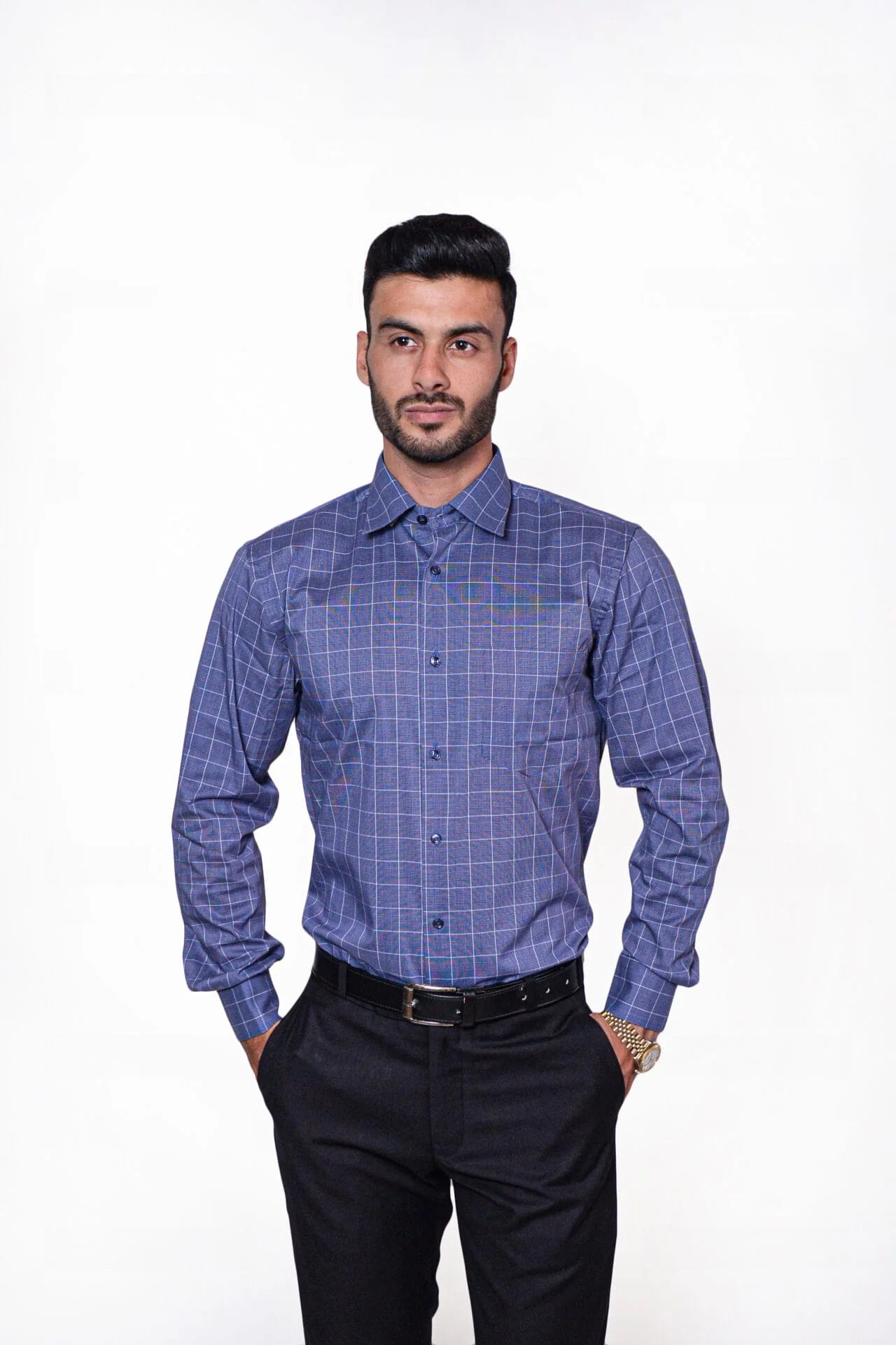 Firdous Blue & White Lining Check Menβs Formal Shirt Cotton